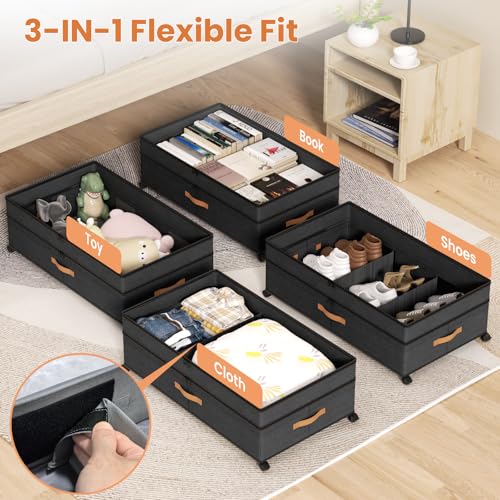 Under Bed Storage with Wheels, 72L XXL Under the Bed Storage Containers Large, 10‘’ Tall Adjustable Storage for Underbed with Lids, Rolling for Shoes, Clothes, Blankets, Black - color: Black