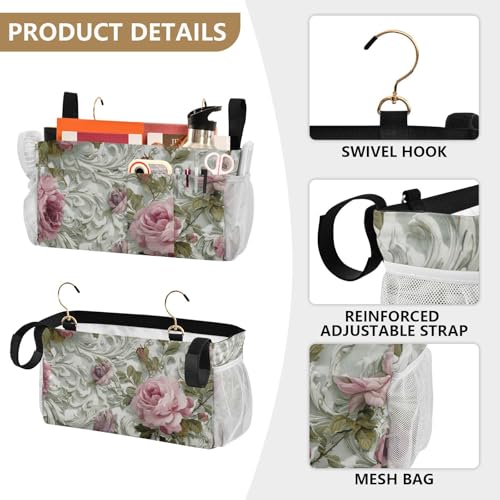 Bedside Caddy Metal Frame Hanging Organizer Bunk Bed Dorm Accessories Hook And Loop Storage Bag Large Pockets Lavender Pink Rose Flowers - color: Lavender Pink Rose Flowers