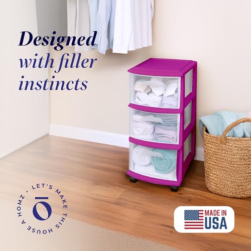HOMZ Drawer Tower, 3-Tier Clear Plastic Storage Organizer Cart, Purple Frame - Rolling Drawer Containers with Wheels for Bathroom, Bedroom, Office, and Classroom Organization - color: Purple, size: 1 Pack