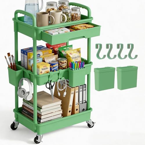 3 Tier Rolling Utility Cart with Drawer, Plastic Storage Organizer Rolling Carts with Wheels Handles Hanging Cups Hooks for Office, Bathroom, Kitchen,Craft Art Room (Green) - color: Green, size: 3-Tier