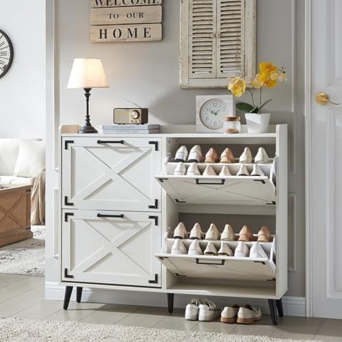Barnyatoh Shoe Storage Cabinet,Farmhouse Shoe Organizer with 4 Flip Drawers & Barn Door Design,Freestanding Hidden Slim Narrow Shoe Rack Cabinet for Entryway,Foyer,Hallway,Antique White - color: Antique White, size: 4-Drawers