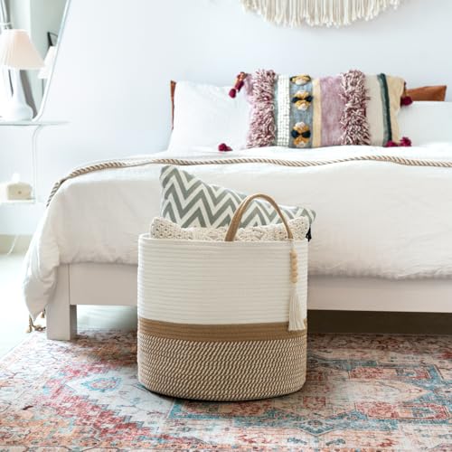 Mkono Woven Storage Basket Decorative Natural Rope Basket Wooden Bead Decoration for Blankets,Toys,Clothes,Shoes,Plant Organizer Bin with Handles Living Room Home Decor, 16"W×13.8"L, White and Brown - color: White and Brown, size: 16" W × 13.8"L