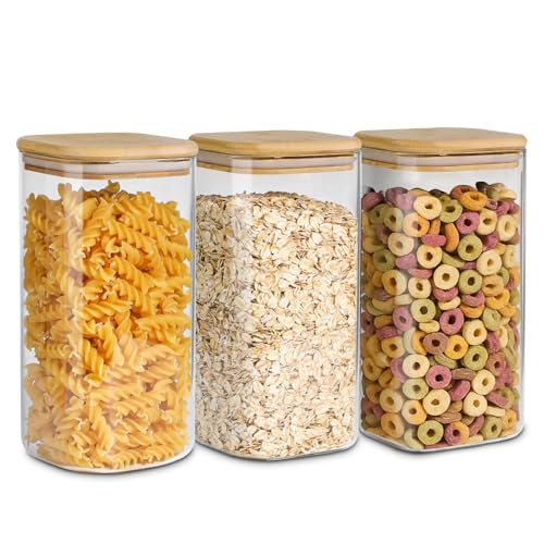 ComSaf Airtight Glass Storage Canister with Wood Lid (1.6 Qt), Clear Food Storage Container Jar with Sealing Lids for Oat Pasta Flour Cereal Rice Sugar Tea Coffee Beans, Set of 3 Square Cookie Jar - size: 1.6Qt*3