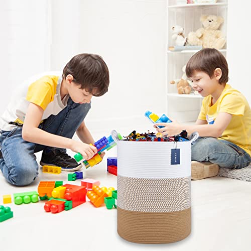 COMSE Extra Large Blanket Basket, Tall Woven Storage Basket, Nursery Hamper, 15.7”x 21.7”, Cotton Rope Laundry Hamper for Toys Clothes Towels, White/Camel - color: White & Camel Mix