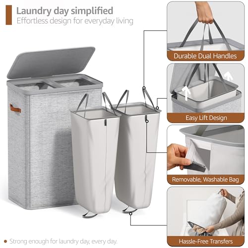 Sorbus Laundry Hamper with Lid - Collapsible 2-Compartment Fabric Laundry Basket with Handles and Removable Laundry Bag – 45 Gallon (170 L) Dirty Clothes Hamper for Bedroom, bathroom and dorm (Gray) - color: Gray, size: 2 Compartment