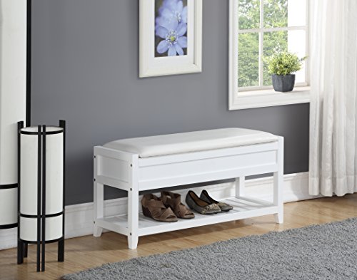 Roundhill Furniture Rouen Clean White Seating Bench with Shoe Storage, - color: White Faux Leather