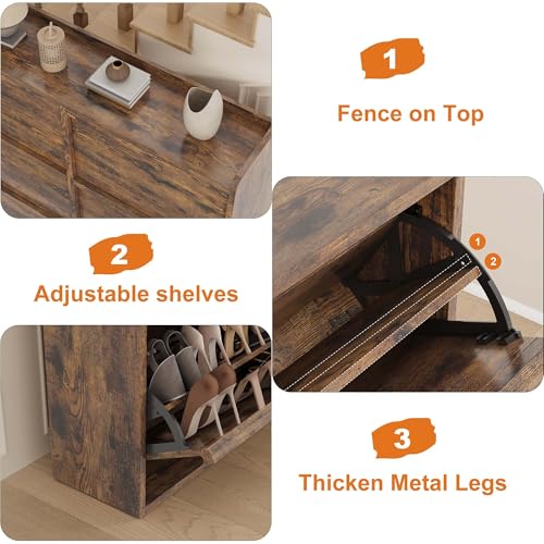 GarveeHome Shoe Cabinet with 6 Flip Drawers, Wooden Shoe Organizer Cabinet with Adjustable Shelf, Shoe Storage for Entryway, Hidden Shoe Cabinet for Hallway, Living Room, Rustic Brown - color: Rustic Brown, size: 6-Drawers