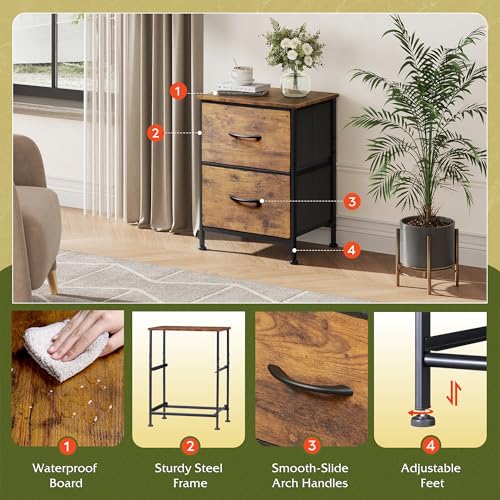 WLIVE Night Stand Set of 2, Small Dresser with 2 Drawers & Wooden Top, Nightstand with Fabric Bins, Bedside Table End Table for Bedroom, Closet, Entryway, College Dorm, Rustic Brown - color: Rustic Brown (Set of 2), size: 11.8"D x 15.7"W x 20.9"H
