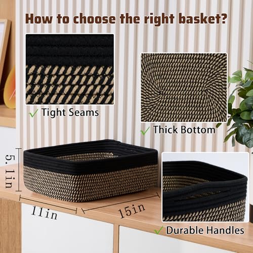 MiniArk Large Shallow Organizing Baskets 15x11x5.1 Inches - Rope Woven Storage Bins for Bathroom, Shelves, Cube Closet, Black Woven Brown 3 Packs - color: Black & Woven Brown, size: 3pcs-L15×W11×H5.1"