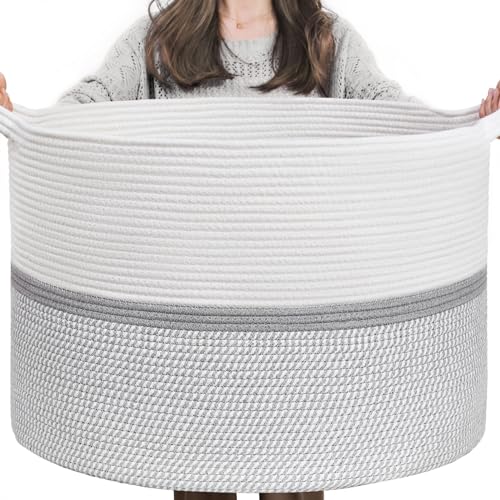 CHICVITA 85L Large Blanket Basket for Living Room, Woven Storage Baskets for Laundry Pillows Toys, Decorative Cotton Rope Basket with Handles for Bedroom Nursery, 22" x 22" x 14", Gray - color: Gray