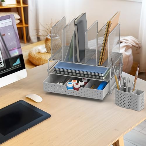 Simple Houseware Mesh Desk Organizer with Sliding Drawer, Double Tray and 5 Upright Sections, Silver - color: Silver
