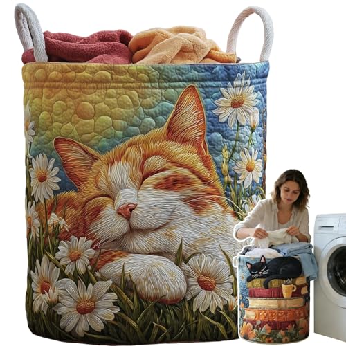 Cat Quilted Laundry Basket - 18"/22"/28", 2026 Large Quilted Cat Laundry Basket with Handles, Cozy Cat Fabric Storage Hamper for Nursery, Bedroom, Laundry Room, Clothes & Toys (8, S 14"X18") - color: 8, size: S 14"X18"