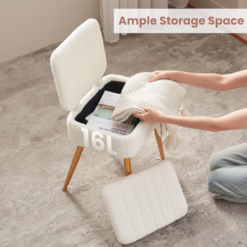 Updated Vanity Chair, Storage Ottoman with Folding Back & Gold-Toned Metal Legs, Ottoman Seat with Teddy Velvet for Dressing Room Living Room Bedroom, 15" x 12" Inch - color: White, size: 15" x 12"