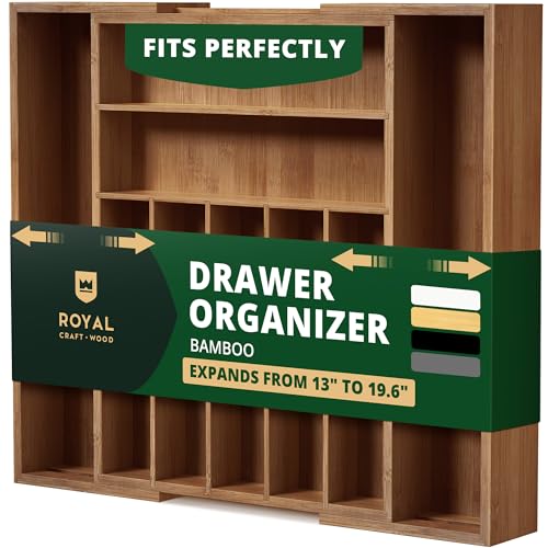 ROYAL CRAFT WOOD Luxury Bamboo Kitchen Drawer Organizer - Silverware Organizer - Utensil Holder and Cutlery Tray with Grooved Drawer Dividers for Flatware and Kitchen Utensils (9 Slot, Brown Bamboo) - color: Brown Bamboo, size: 9 Slot
