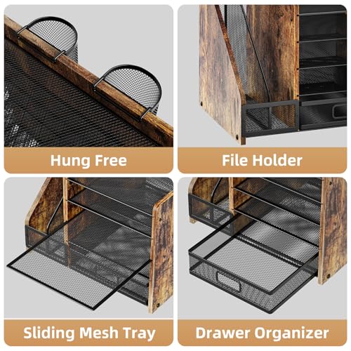 Marbrasse Desk Organizer with File Holder, 5-Tier Paper Letter Tray Organizer with Drawer and 2 Pen Holder, Mesh Desktop Organizer and Storage with Magazine Holder for Office Supplies (Wood-Brown) - color: Wood-Brown