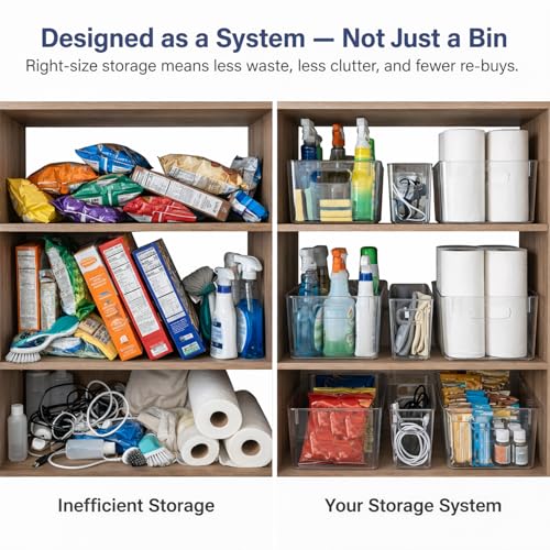 MOONEDGE 8 Pack Modular Clear Plastic Storage Organizer Bins – 4 Large & 4 Narrow, Nestable Space-Saving System for Pantry, Kitchen, Fridge, Bathroom & Cabinet Organization - Versatile & Easy to Use