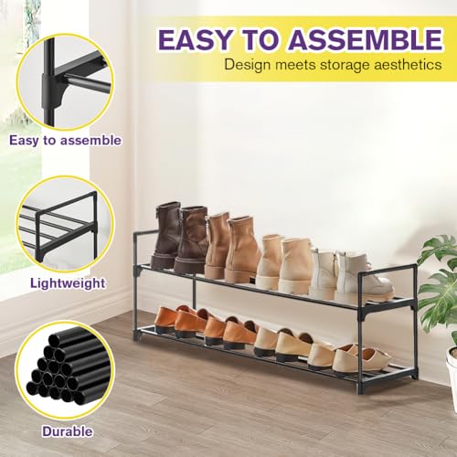 Shoe Rack - Metal Shoe Rack Organizer - Stackable Shoe Storage Shelf for Entryway, Closet, Bathroom 30cm(D) x 92cm(W) x 55cm(H) -Black (2-Tier) - size: 2-Tier