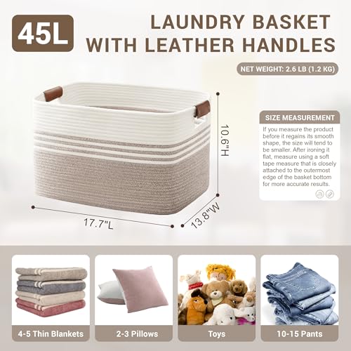 45L Small Laundry Basket with Leather Handles for Living Room Storage, Woven Rope Baskets Bin for Blanket, Kids Toy, Gifts, Wicker Hamper for Bedroom Dirty Clothes, 18"x14"x11" White Brown - color: Brown, size: 45L