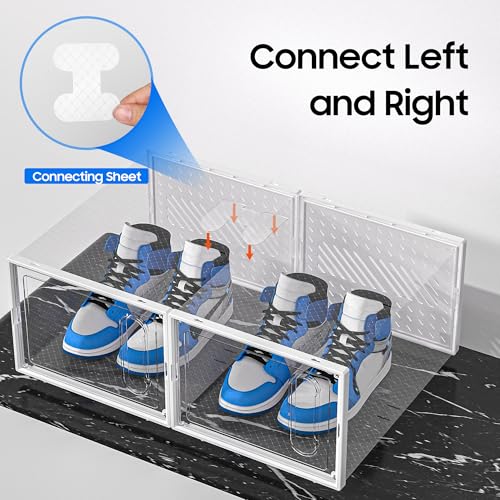 eWonLife Large Shoe Organizer Storage Box with Magnetic Door,12 Pack Clear Plastic Stackable Sneaker Containers for Closet, Connect Left and Right Shoe Box for Entryway, Drop Front, Under Bed (White) - color: White