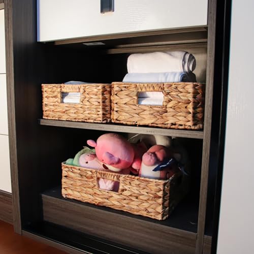 Rectangular Water Hyacinth Storage Baskets, Wicker Storage Baskets for Shelves, Square Shallow Basket, Woven Drawer Basket With Handle, 13” L x 10.6” W x 4.5” H - size: Medium - 13 in ×10.6 in × 4.5 in