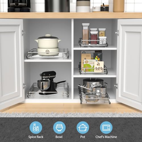 ZOINLIY Pull Out Cabinet Organizer, Versatile Slide Out Kitchen Organizers and Storage,Heavy Duty Drawer Cupboard Storage Basket, Smooth Sliding, Chrome Finish (24.8 * 21inch) - size: 24.8”W x 21”D (Outside Dimensions)