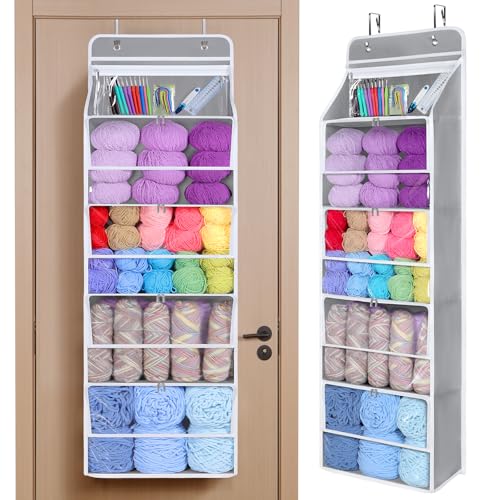 Univivi Hanging Yarn Storage Organizer with 5 Zipper Closure Compartments, Large Capacity Knitting Organizer Storage, Over the Door Hanging Yarn Holder for Knitting Needles, Crochet Hooks (Light Grey) - color: Grey, size: 5 Tiers