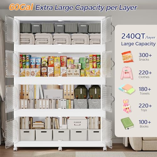 300Gal/1200QT 5-Tiers Extra Large Stackable Storage Bins with Lid, Collapsible Cabinet Closet Organizer Plastic Container Box with Wheels Doors Drawers for Living Room Kitchen Office, White - size: 60Gal, style: 5Pack