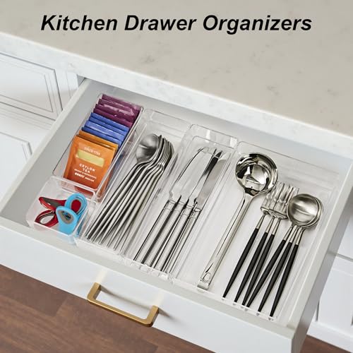 SMARTAKE 25-Piece Drawer Organizer with Non-Slip Silicone Pads, 4-Size Desk Drawer Organizer Trays Storage Tray for Makeup, Jewelries, Utensils in Bedroom Dresser, Office and Kitchen (Clear) - style: 25 PCS
