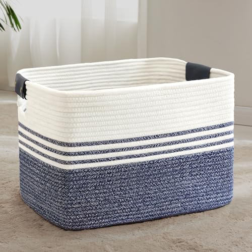 86L Extra Large Laundry Basket with Leather Handles for Living Room Storage, Woven Rope Baskets for Blanket, Kids Toy, Gifts, Wicker Hamper for Bedroom Dirty Clothes, 24"x16"x14" Denim Blue - color: Denim Blue, size: 86L