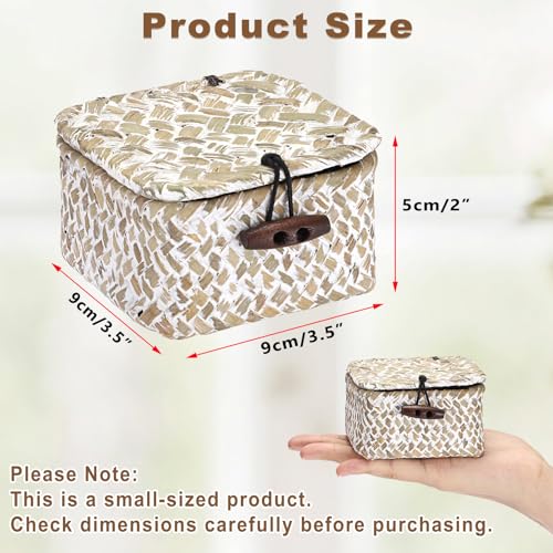 Hipiwe Handwoen Seagrass Basket with Lid Key Holder Box for Entry Decorative Mini Shelf Basket, Whitewash 3.5" x 3.5" x 2" - color: Whitewash color, size: 3.5" x 3.5" x 2"