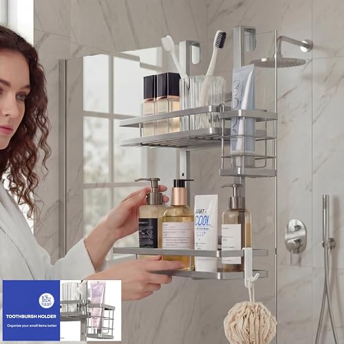 Over the Door Shower Caddy Hanging, Rustproof Shower Shelves with Waterproof Phone Pouch, 2-Tier Adjustable Bathroom Organizers and Storage, No Drilling Shampoo Soap Shelf (Silver 2-Tier) - size: Silver 2-Tier