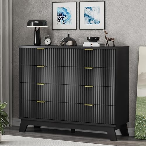 Fluted Dresser for Bedroom with 8 Drawers, 48" Wide Modern Chest of Drawers with Metal Handle, Wooden Dresser TV Stand, Wood Closet Clothes Storage Drawer Organizer for Living Room, Hallway, Black - color: Black, size: 15.6"D x 47.2"W x 38.2"H (8 Drawers)