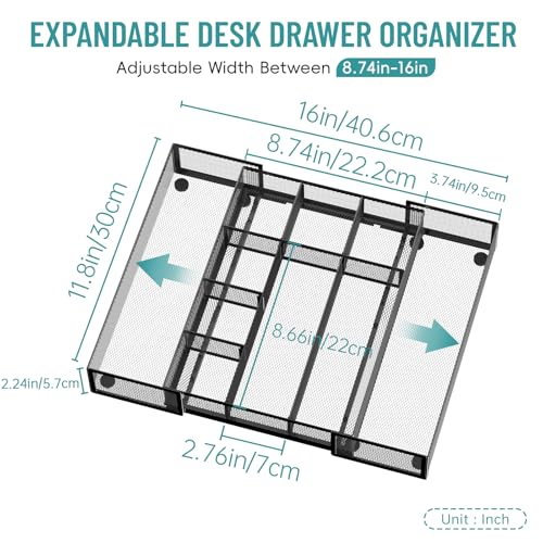 2 Pack Expandable Desk Drawer Organizer Tray with 10 Adjustable Compartments Metal Mesh Office Drawer Organizer for Home, School Supplies, Makeup Vanity & Jewelry (Black) - color: 2 Pack Black
