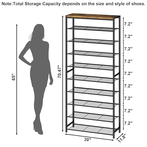HOMEFORT 10 Tiers Shoe Rack Organizer,30" Shoe Storage Shelf for Closet, Shoe Rack for Entryway,Holds 36-40 Pairs of Shoe, Tall Shoe Stand with Metal Shelves and MDF Top Board,Rustic Brown - color: Rustic Brown, size: 10-Tier (11.8"D x 30"W x 70.47"H)