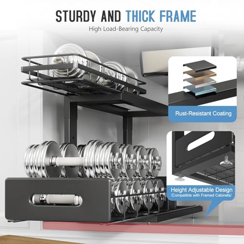 Under Sink Organizer Upgrade To Professional Rails,2-Tier Dual Pull Out Cabinet Storage,Height Adjustable Slide Out Drawers For Bathroom Kitchen,2 Pack-16.7"Dx12.8"-16.9"H,Black - color: Black, size: 2 Pack-16.7"Dx12.8"-16.9"H