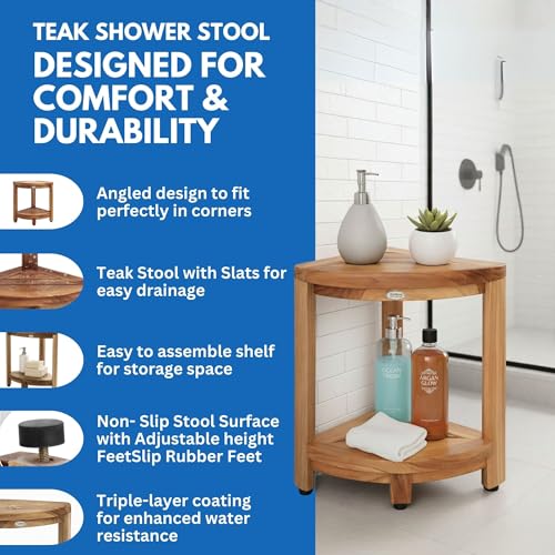 DecoTeak Teak Corner Shower Shelf – 2 Tier Waterproof Bathroom Storage Organizer Compact Wood Storage | Water-Resistant Design | Space Saver for Showers & Small Bathrooms | Shaving Foot Rest - size: 2 tier