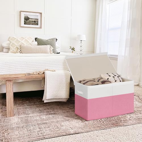 INDRESSME 25"x13"x16" Large Toy Storage Box with Lid, Collapsible Storage Organizer Baby Toy Storage for Kids Boys Girls, Toy Bin Organizer for Nursery, Bedroom, Living Room (Pink & White) - color: Pink & White, size: 25"x13"x16"