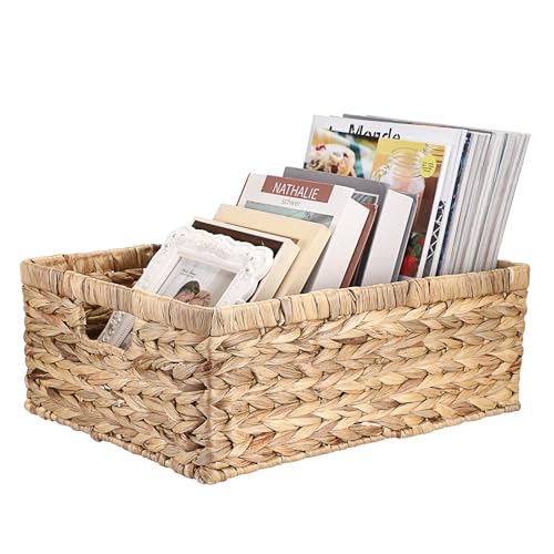 Wicker Basket for Shelf Natural Water Hyacinth Storage Baskets with Built-in Handles Rectangular Handwoven Basket Bin for Bathroom Kitchen Home Decor,16"x12"x6" - size: 16"Lx12"Wx6"H