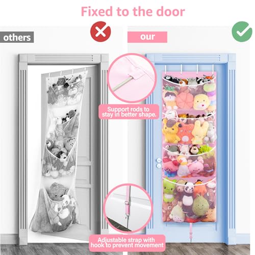 Woodoulogy Hanging Stuffed Animal Storage, Over Door Large Plush Toy Organizer with Metal Hook, Baby Accessory Holder Idea for Nursery, Doll & Bear Mesh Hammock Bag for Girl Boy Kid Room - color: Pink