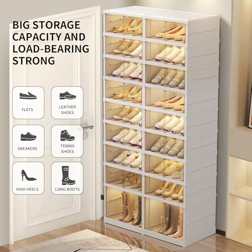 EHAMILY Foldable 9-Tier Shoe Rack Organizer for 18-36 Pairs - Collapsible Clear Plastic Shelf for Closet, Entrance or Front Door - Tall Stackable Folding Shoes Storage Boxes cabinet - size: 9 Tiers 36 Pairs