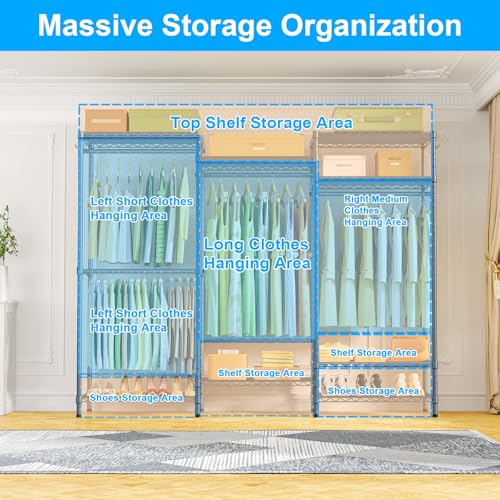 Ulif E13 Heavy Duty Clothes Rack（With 4 Hanger Rods & 8 Shelves） Freestanding Clothing Racks for Hanging Clothes，Adjustable Closet Organizer，Metal Garment Rack 63" W x16 D x77 H，Max Load 900LBS，Grey - color: Grey, size: E13