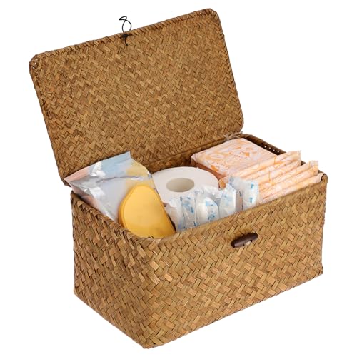 Sumnacon Wicker Basket with Lid Rectangle Woven Baskets for Toiletries Tampon Storage,Wicker Storage Basket with Lid,Decorative Seagrass Storage Baskets for Shelf Bathroom Toilet Table, Caramel - color: Caramel, size: Medium