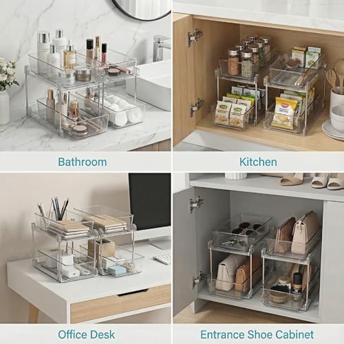 2 Pack Bathroom Organizers and Storage,2-Tier Clear Under Sink and Pull-Out Cabinet Organizer with Track for Kitchen, Pantry,Vanity Countertop,Medicine Cabinet,Closet Drawers Bins - color: Clear, size: 2 Pack