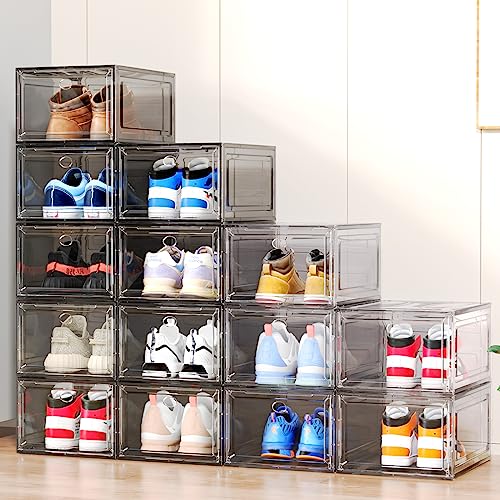 ARSTPEOE Upgrade Harder Solid Plastic Shoe Organizer with Magnetic Front Door, 12 Pack Shoe Boxes Clear Stackable, Sneaker Storage for Closet, Shoe Display Case, Black - color: Black, size: 12 Pack