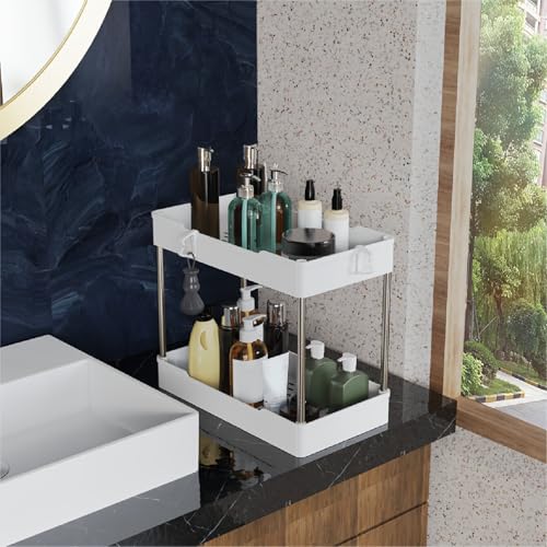 3 Pack Under Sink Organizers and Storage, 2 Tier Bathroom Cabinet Organizer Shelf with Hanging Cups for Kitchen & Bathroom (White) - color: White, size: 3 Pack