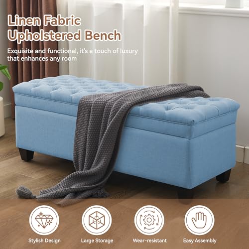 WUTUTUEE 51" Fabric Storage Ottoman Bench, Upholstered Rectangle End of Bed Storage Ottoman Tufted Living Room Bedroom Bench with Safety Hinge, Solid Wood Legs, Loads 500 lb(Light Blue) - color: Light Blue-fabric