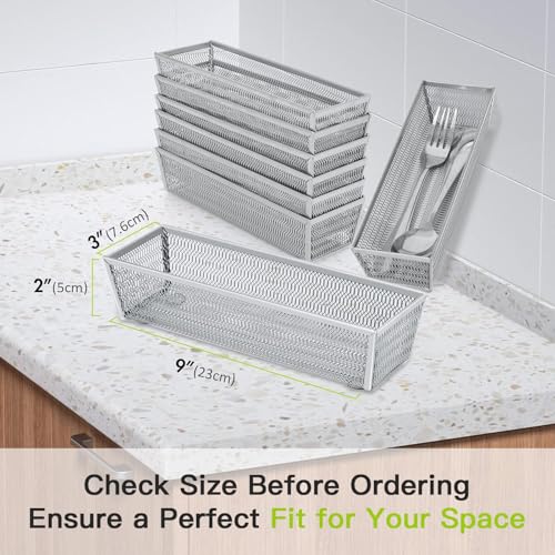 Neudeco Silverware Organizer,Mesh Drawer Organizer for Kitchen，Metal Utensil Organizer for Flatware, Knives, Spoons,Cosmetic (Silver 9 * 3 * 2 inch Pack6) - color: Silver-6 pack
