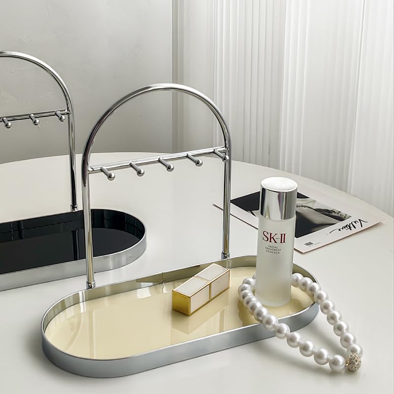 Shinpuru Metal Jewelry Organizer Stand & Key Holder Tray with Acrylic Base, Key Stand and Jewelry Tray with 5 Hooks, Perfect Key Bowl, Valet Key Tray, Ring Holder, Jewelry Dish (Silver Creamy) - color: Silver Creamy