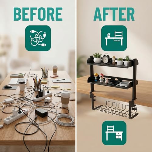 Clamp On Desk Shelf, 17'' 2-Tier Desktop Organizer Shelf with Under-Desk Hidden Storage Basket, Heavy-Duty Desk Shelves for Top of Desk, Space-Saving Desk Storage for Home Office Gaming Setup (Black)