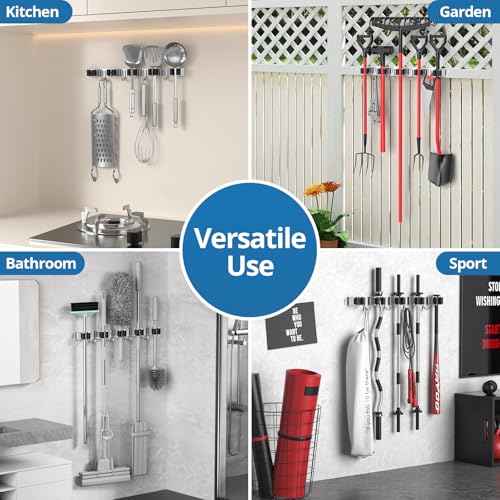 2 Pack Broom Holder Wall Mount Mop and Broom Hanger Broom Organizer Storage Tool Racks Stainless Steel Heavy Duty for Kitchen Garden Laundry Garage (5 Racks with 4 Hooks) - style: 2 PACK